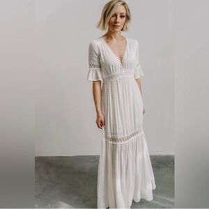 Baltic Born Rayne Deep V Swiss Dot Ivory Maxi Dress Wedding Anniversary Size M